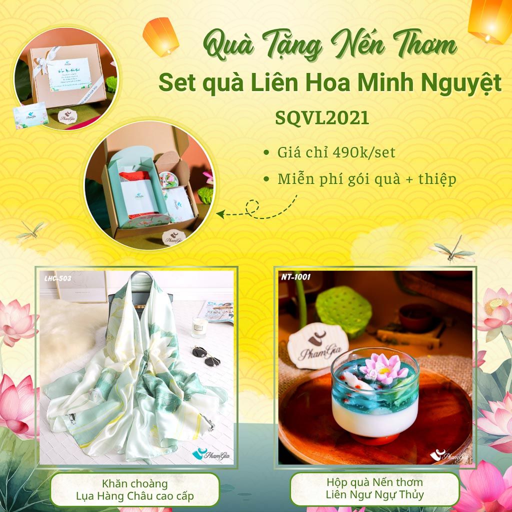 Quà Tặng 20/10 - Set Quà Tặng Liên Hoa Minh Nguyệt Khăn Choàng Lụa Và Hộp Quà Nến Thơm Hoa Sen (SQVL2021)