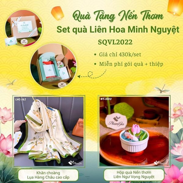 Quà Tặng 20/10 - Set Quà Tặng Liên Hoa Minh Nguyệt Khăn Choàng Lụa Và Hộp Quà Nến Thơm Hoa Sen (SQVL2022)