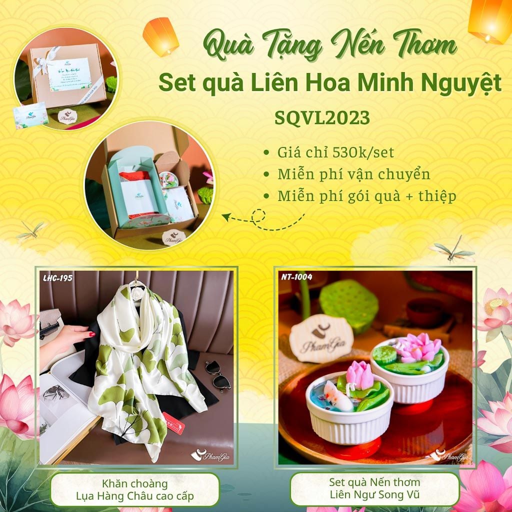 Quà Tặng 20/10 - Set Quà Tặng Liên Hoa Minh Nguyệt Khăn Choàng Lụa Và Hộp Quà Nến Thơm Hoa Sen (SQVL2023)