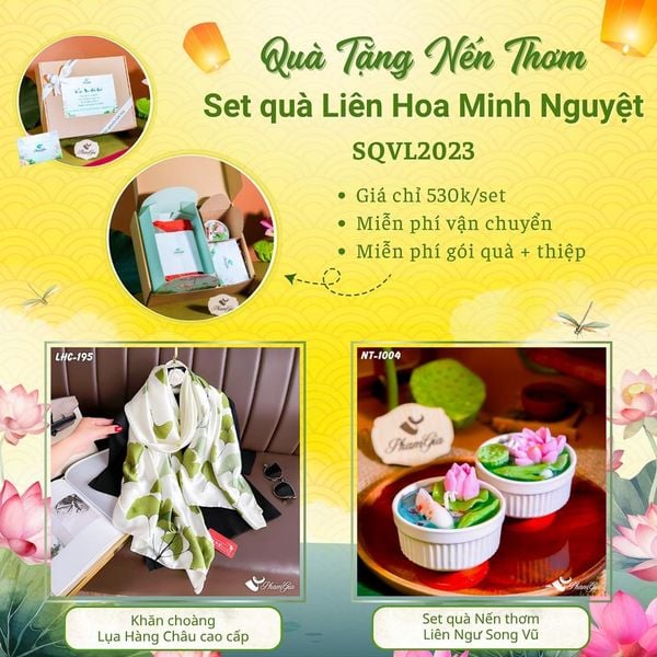 Quà Tặng 20/10 - Set Quà Tặng Liên Hoa Minh Nguyệt Khăn Choàng Lụa Và Hộp Quà Nến Thơm Hoa Sen (SQVL2023)