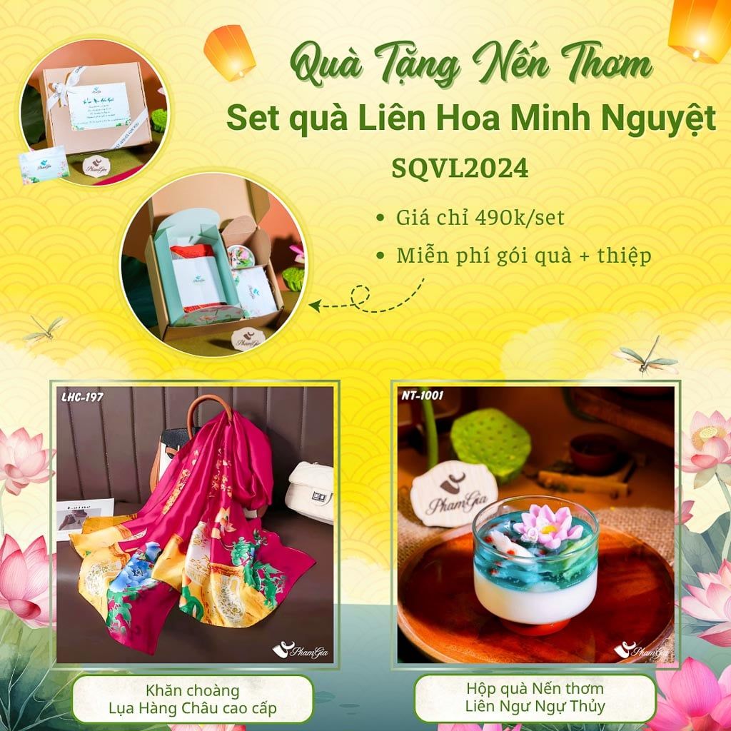Quà Tặng 20/10 - Set Quà Tặng Liên Hoa Minh Nguyệt Khăn Choàng Lụa Và Hộp Quà Nến Thơm Hoa Sen (SQVL2024)