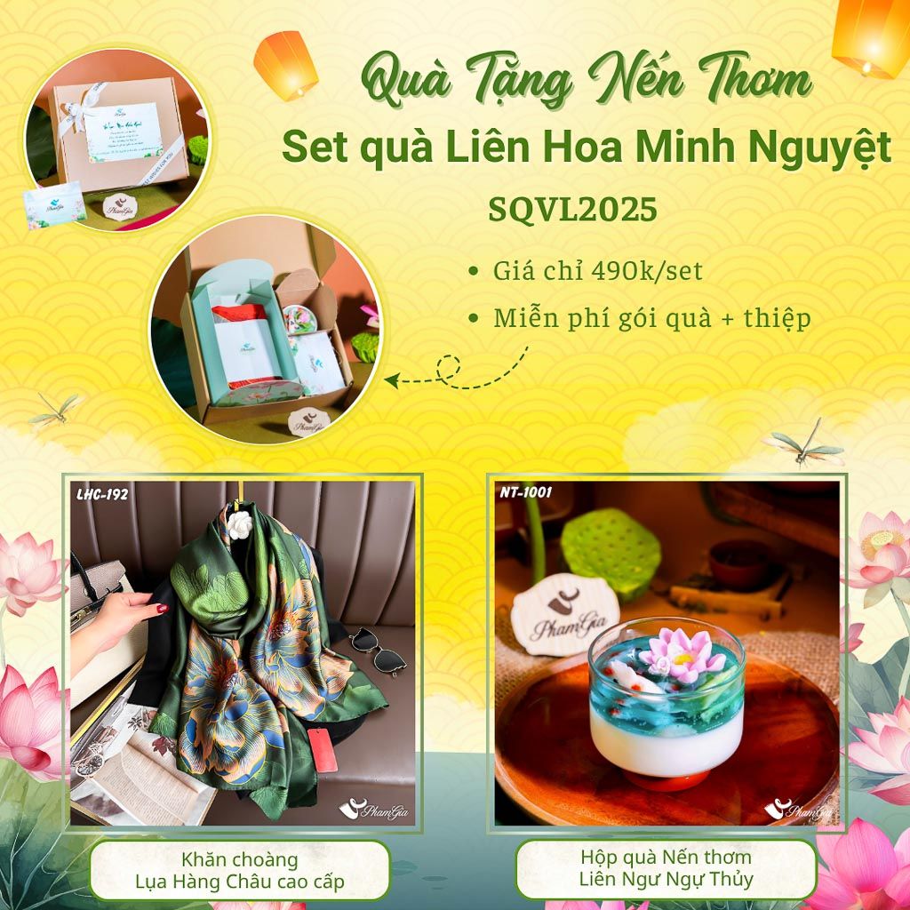 Quà Tặng 20/10 - Set Quà Tặng Liên Hoa Minh Nguyệt Khăn Choàng Lụa Và Hộp Quà Nến Thơm Hoa Sen (SQVL2025)