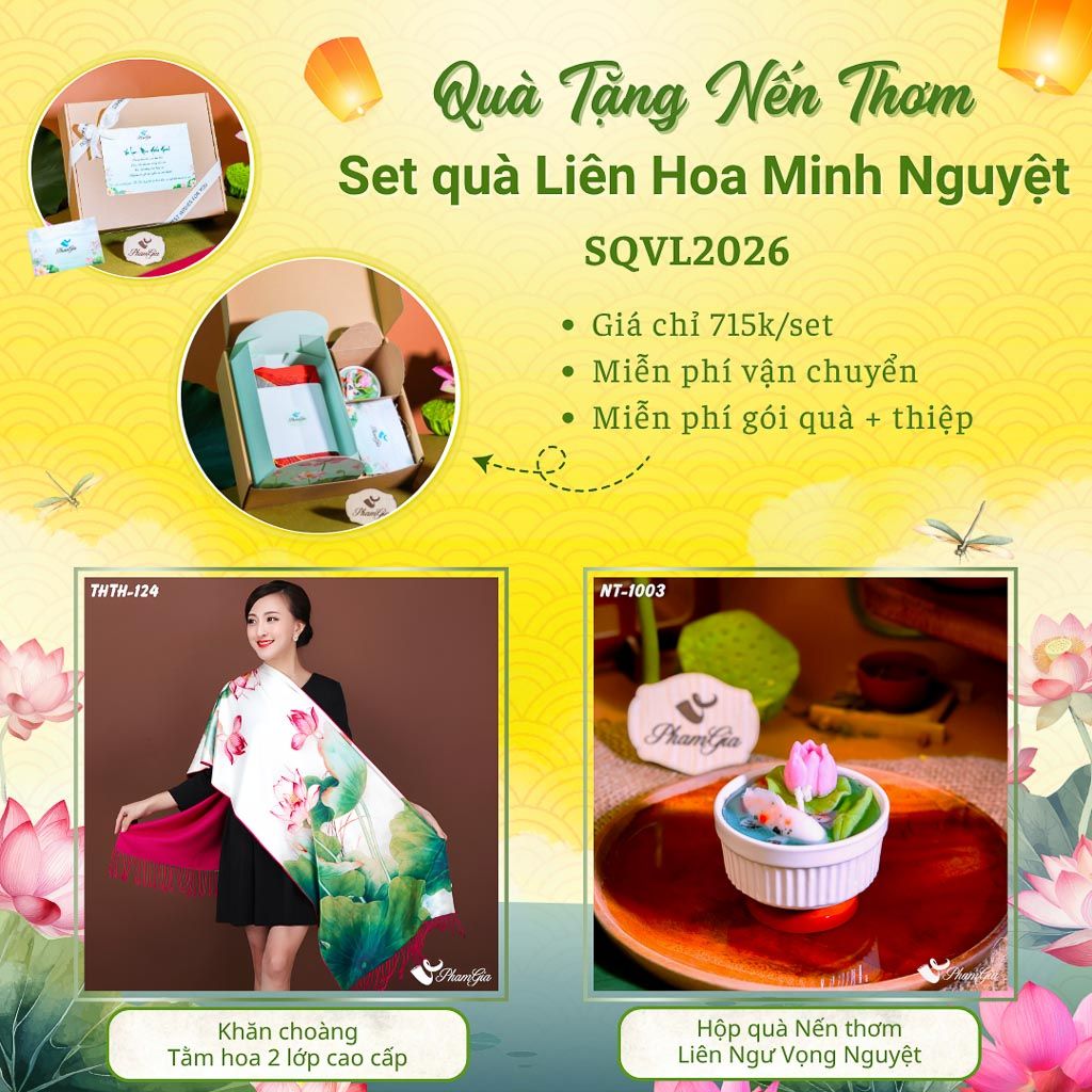 Quà Tặng 20/10 - Set Quà Tặng Liên Hoa Minh Nguyệt Khăn Choàng Tằm Hoa Và Hộp Quà Nến Thơm Hoa Sen (SQVL2026)