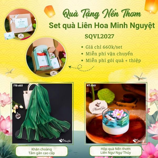 Quà Tặng 20/10 - Set Quà Tặng Liên Hoa Minh Nguyệt Khăn Choàng Tằm Gân Và Hộp Quà Nến Thơm Hoa Sen (SQVL2027)