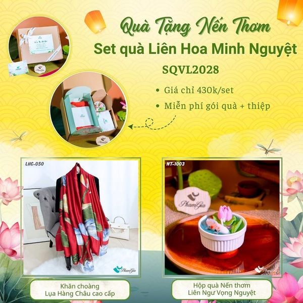 Quà Tặng 20/10 - Set Quà Tặng Liên Hoa Minh Nguyệt Khăn Choàng Tằm Gân Và Hộp Quà Nến Thơm Hoa Sen (SQVL2028)