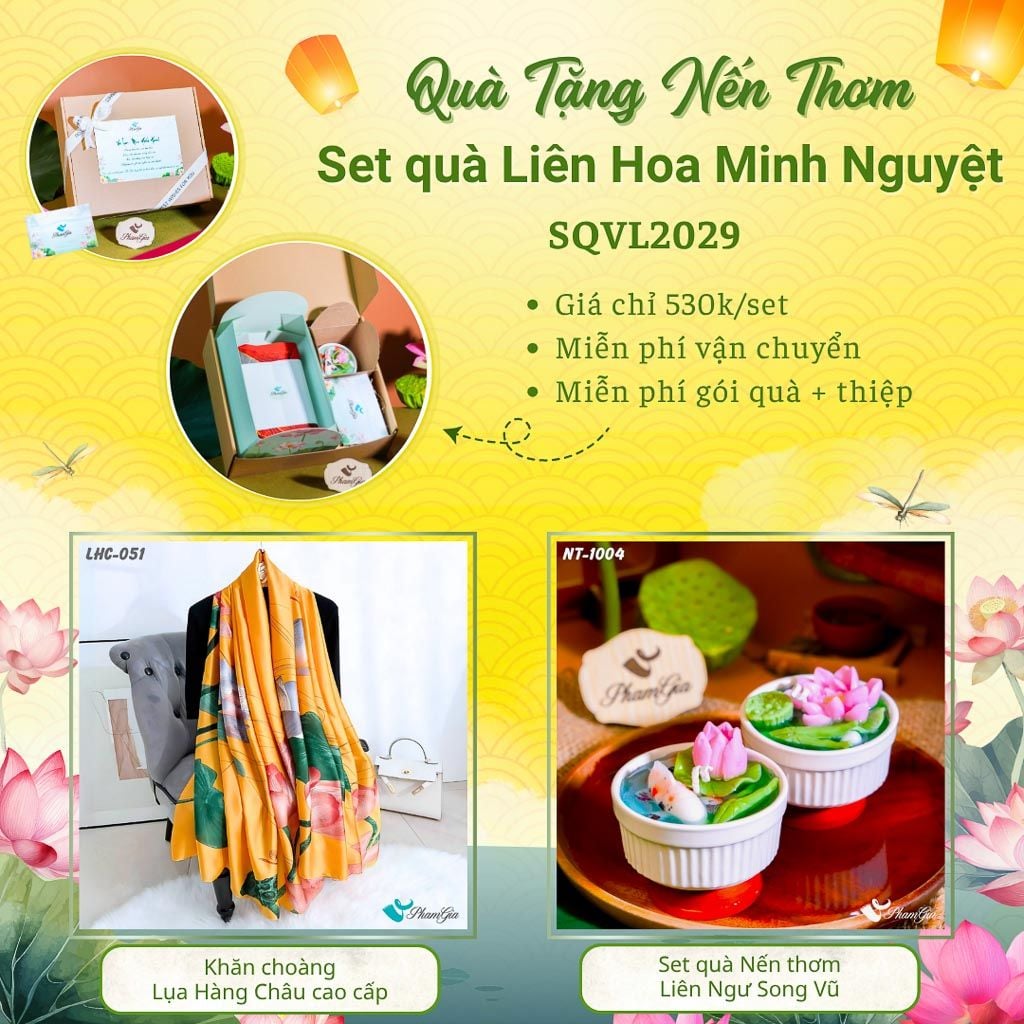 Quà Tặng 20/10 - Set Quà Tặng Liên Hoa Minh Nguyệt Khăn Choàng Tằm Gân Và Hộp Quà Nến Thơm Hoa Sen (SQVL2029)