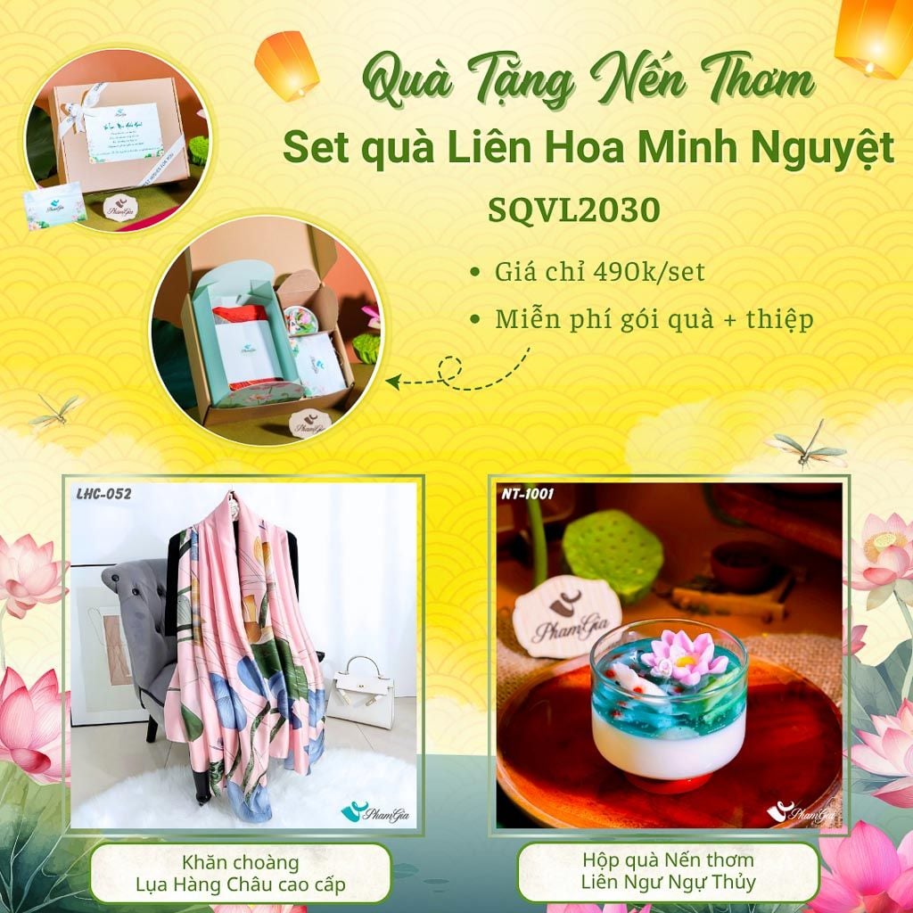 Quà Tặng 20/10 - Set Quà Tặng Liên Hoa Minh Nguyệt Khăn Choàng Tằm Gân Và Hộp Quà Nến Thơm Hoa Sen (SQVL2030)