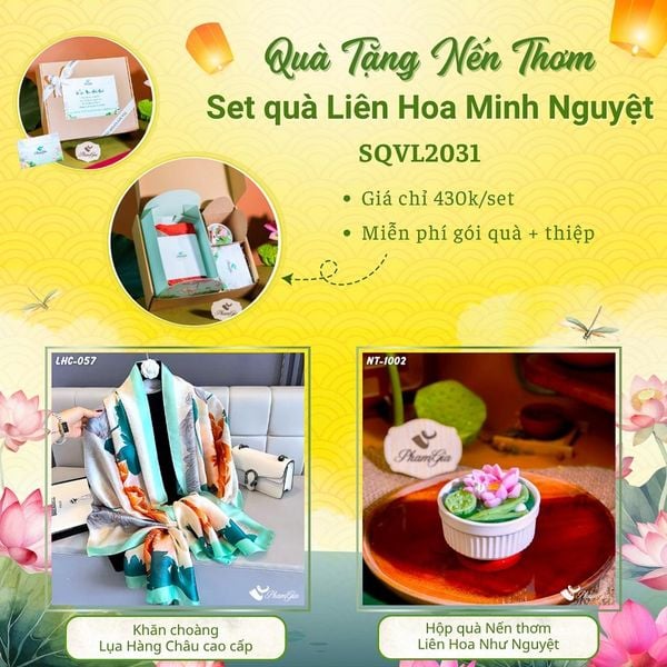 Quà Tặng 20/10 - Set Quà Tặng Liên Hoa Minh Nguyệt Khăn Choàng Tằm Gân Và Hộp Quà Nến Thơm Hoa Sen (SQVL2031)