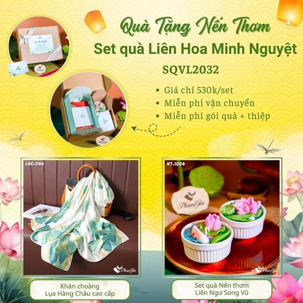 Quà Tặng 20/10 - Set Quà Tặng Liên Hoa Minh Nguyệt Khăn Choàng Tằm Gân Và Hộp Quà Nến Thơm Hoa Sen (SQVL2032)