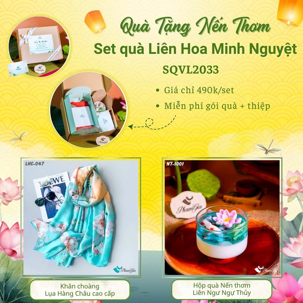 Quà Tặng 20/10 - Set Quà Tặng Liên Hoa Minh Nguyệt Khăn Choàng Tằm Gân Và Hộp Quà Nến Thơm Hoa Sen (SQVL2033)