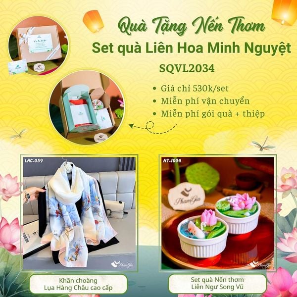 Quà Tặng 20/10 - Set Quà Tặng Liên Hoa Minh Nguyệt Khăn Choàng Tằm Gân Và Hộp Quà Nến Thơm Hoa Sen (SQVL2034)