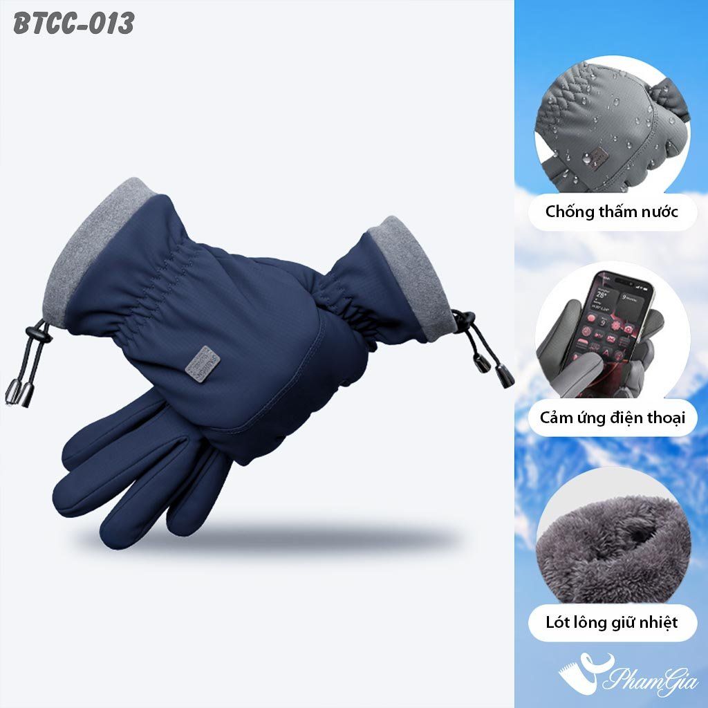 Găng Tay Phao Lót Lông 2 Lớp Giữ Ấm Mùa Đông, Chống Thấm Nước Cao Cấp Màu Xanh Navy (BTCC013)