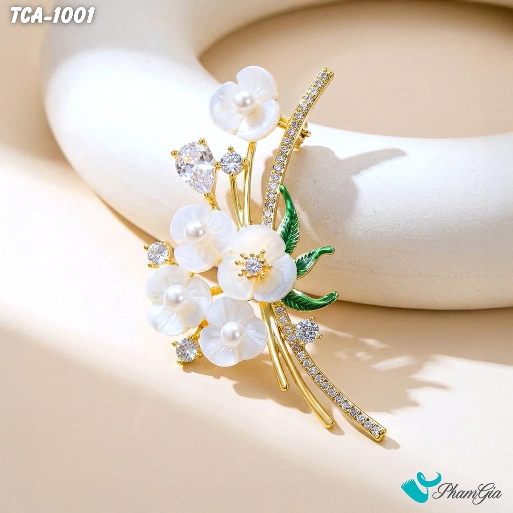 Ghim Cài Áo Cành Hoa Tuyết Mai Trắng Đính Đá Thanh Lịch (TCA1001)