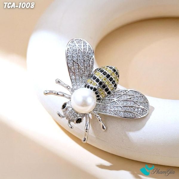 Ghim Cài Áo Chú Ong Bạch Kim Đính Đá Ngọc Trai Hiện Đại (TCA1008)
