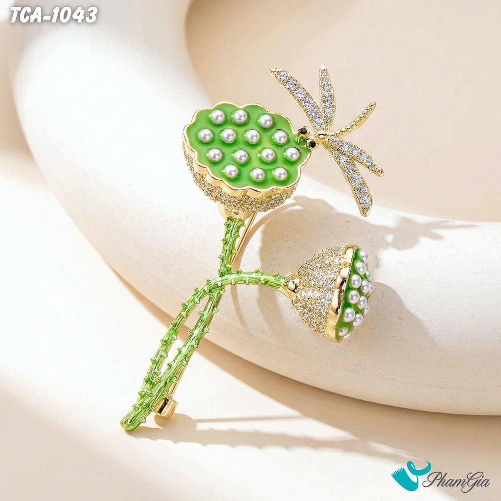 Ghim Cài Áo Chuồn Chuồn Đậu Đài Sen Đính Đá Tinh Tế (TCA1043)