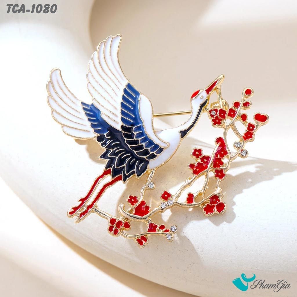 Ghim Cài Áo Chim Hạc Hoa Đào Tráng Men Tinh Tế (TCA1080)