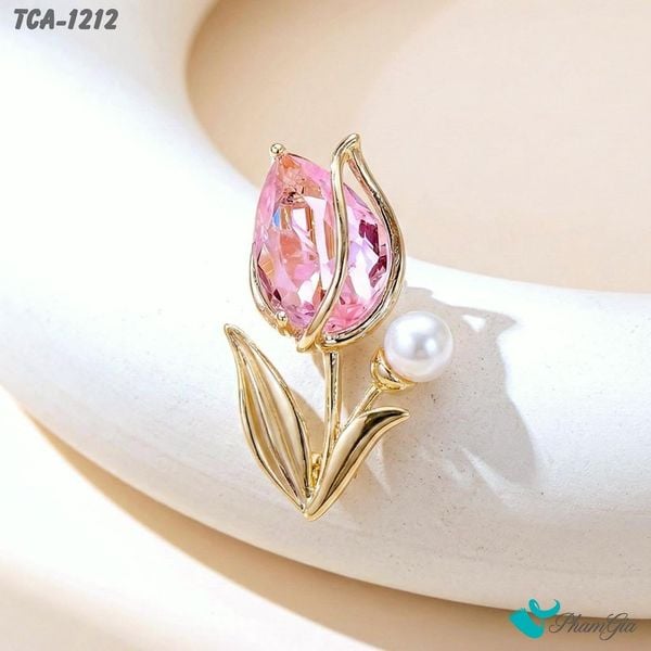 Ghim Cài Áo Hoa Tulip Mini Hồng Đính Đá Pha Lê (TCA1212)