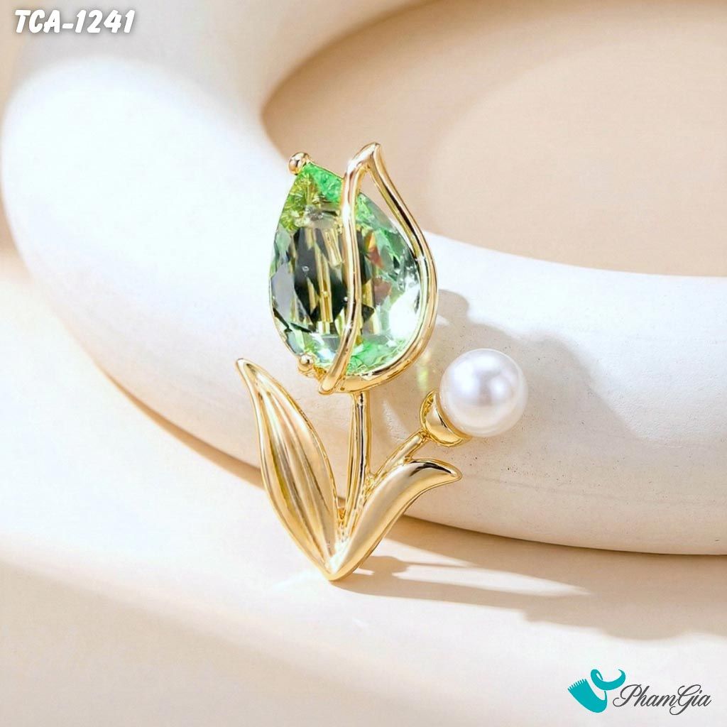 Ghim Cài Áo Hoa Tulip Mini Xanh Đính Đá Pha Lê (TCA1241)