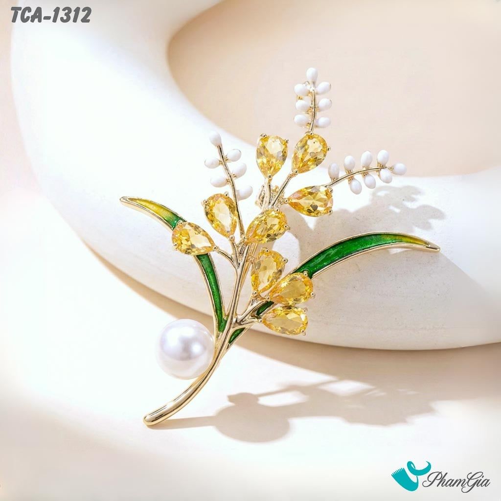Ghim Cài Áo Cành Hoa Lan Đính Đá Vàng Tinh Tế (TCA1312)