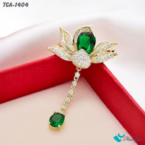 Ghim Cài Áo Hoa Sen Tua Rua Đính Đá Ngọc Lục Bảo Sang Trọng (TCA1404)