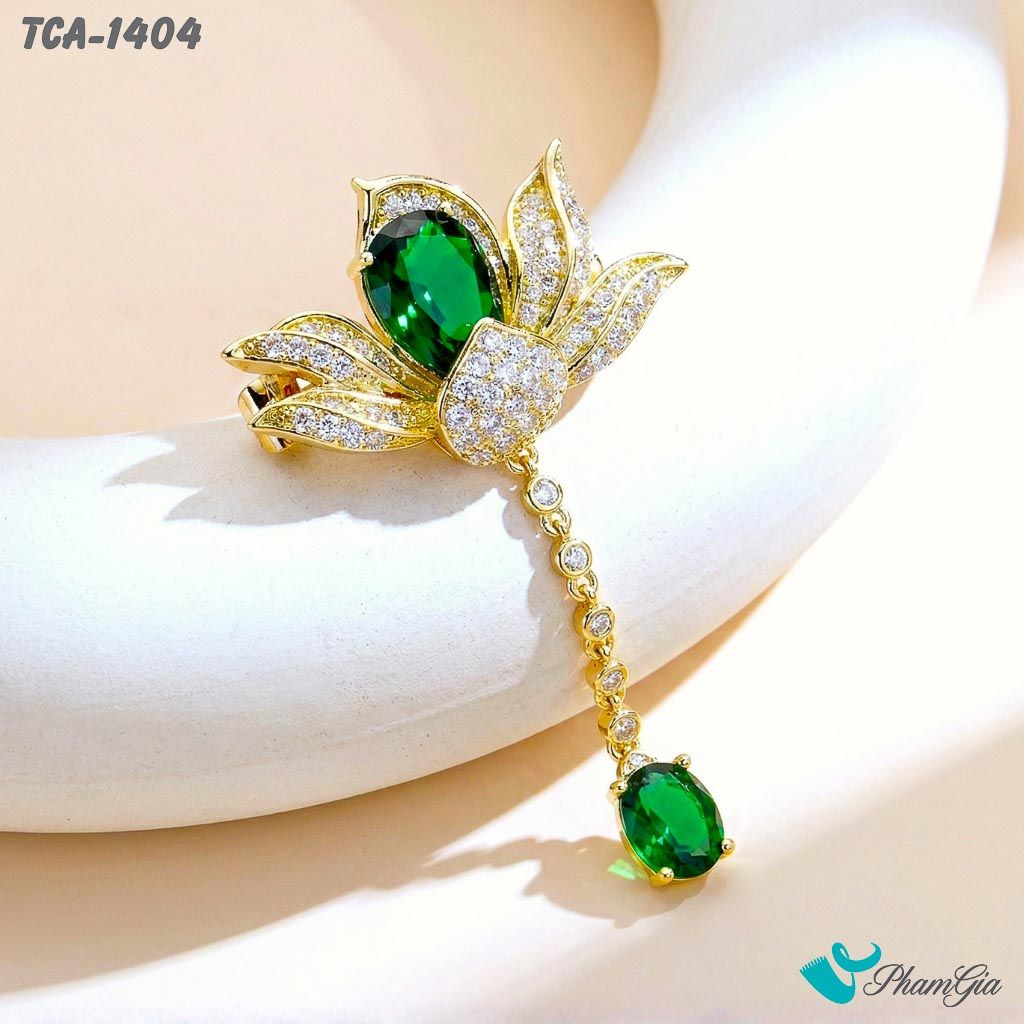 Ghim Cài Áo Hoa Sen Tua Rua Đính Đá Ngọc Lục Bảo Sang Trọng (TCA1404)