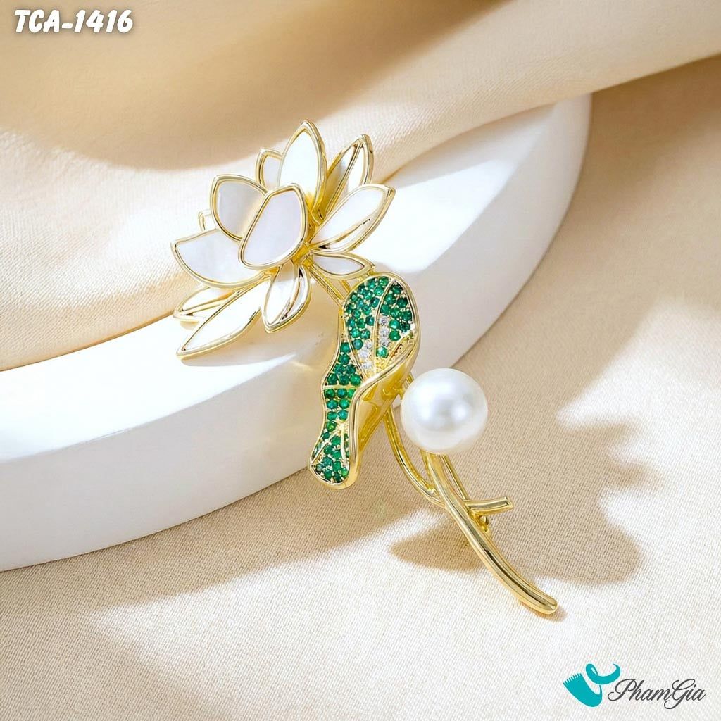 Ghim Cài Áo Nhành Hoa Sen Xà Cừ Đính Ngọc Sang Trọng (TCA1416)