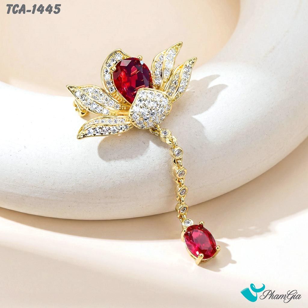 Ghim Cài Áo Hoa Sen Đính Đá Hồng Ngọc Sang Trọng (TCA1445)