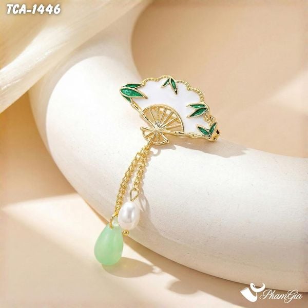 Ghim Cài Áo Quạt Lá Trúc Cẩn Xà Cừ Trang Nhã (TCA1446)