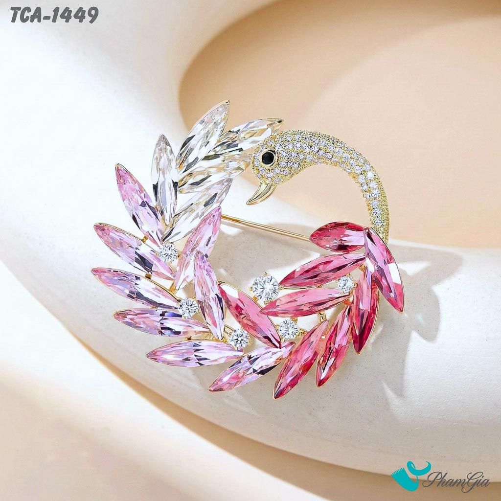 Ghim Cài Áo Thiên Nga Hồng Nạm Ngọc Trang Nhã (TCA1449)