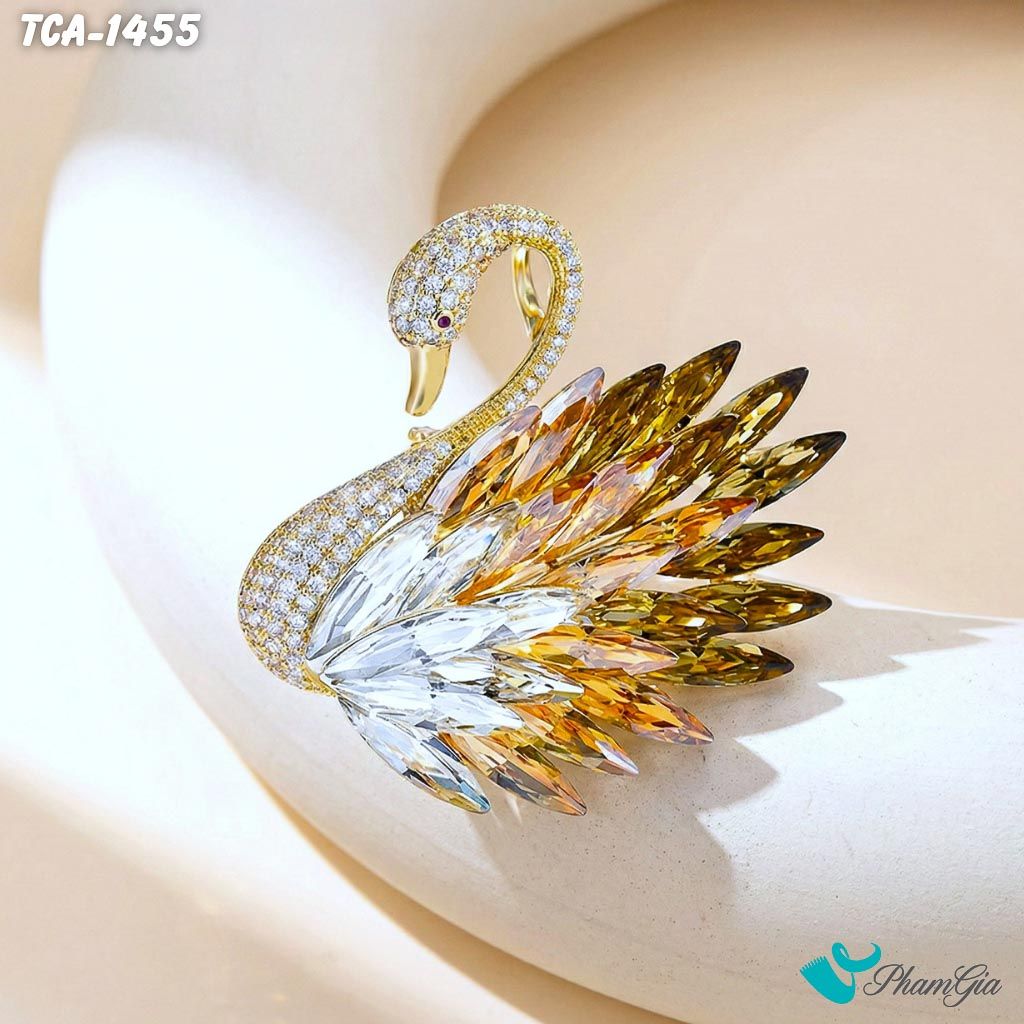 Ghim Cài Áo Thiên Nga Đính Đá Pha Lê Vàng Quý Phái (TCA1455)