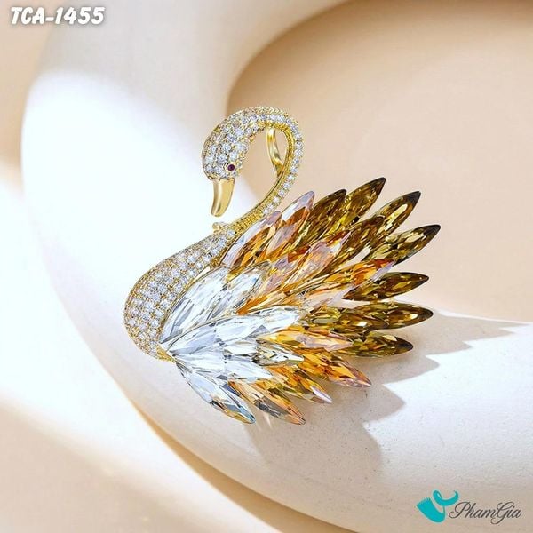 Ghim Cài Áo Thiên Nga Đính Đá Pha Lê Vàng Quý Phái (TCA1455)