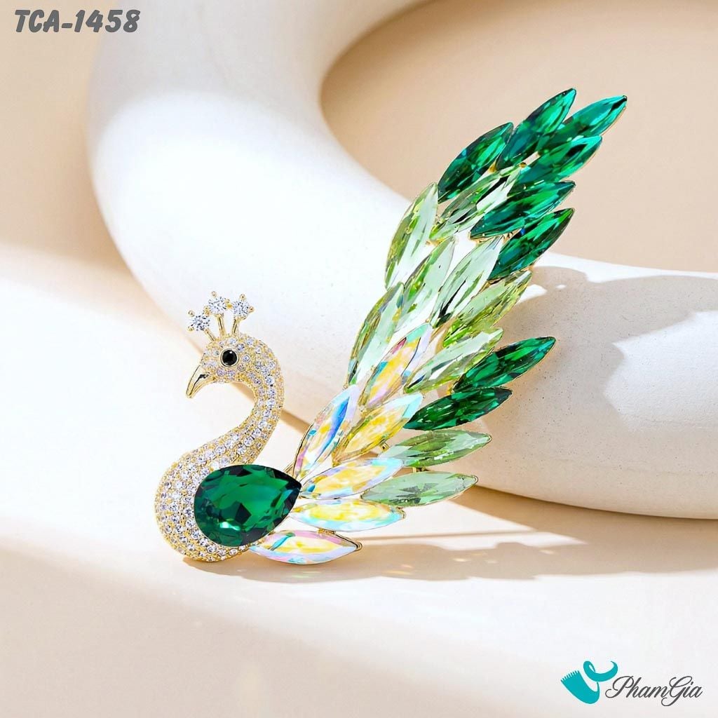 Ghim Cài Áo Chim Công Đính Đá Pha Lê Xanh Kiêu Sa (TCA1458)