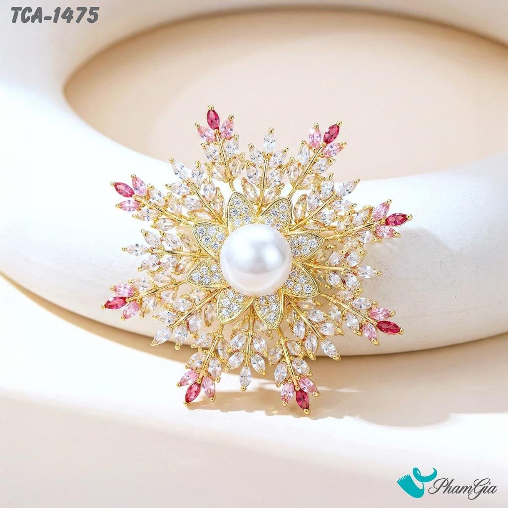Ghim Cài Áo Hoa Tuyết Đính Đá Pha Lê Ombre Hồng Thanh Lịch (TCA1475)