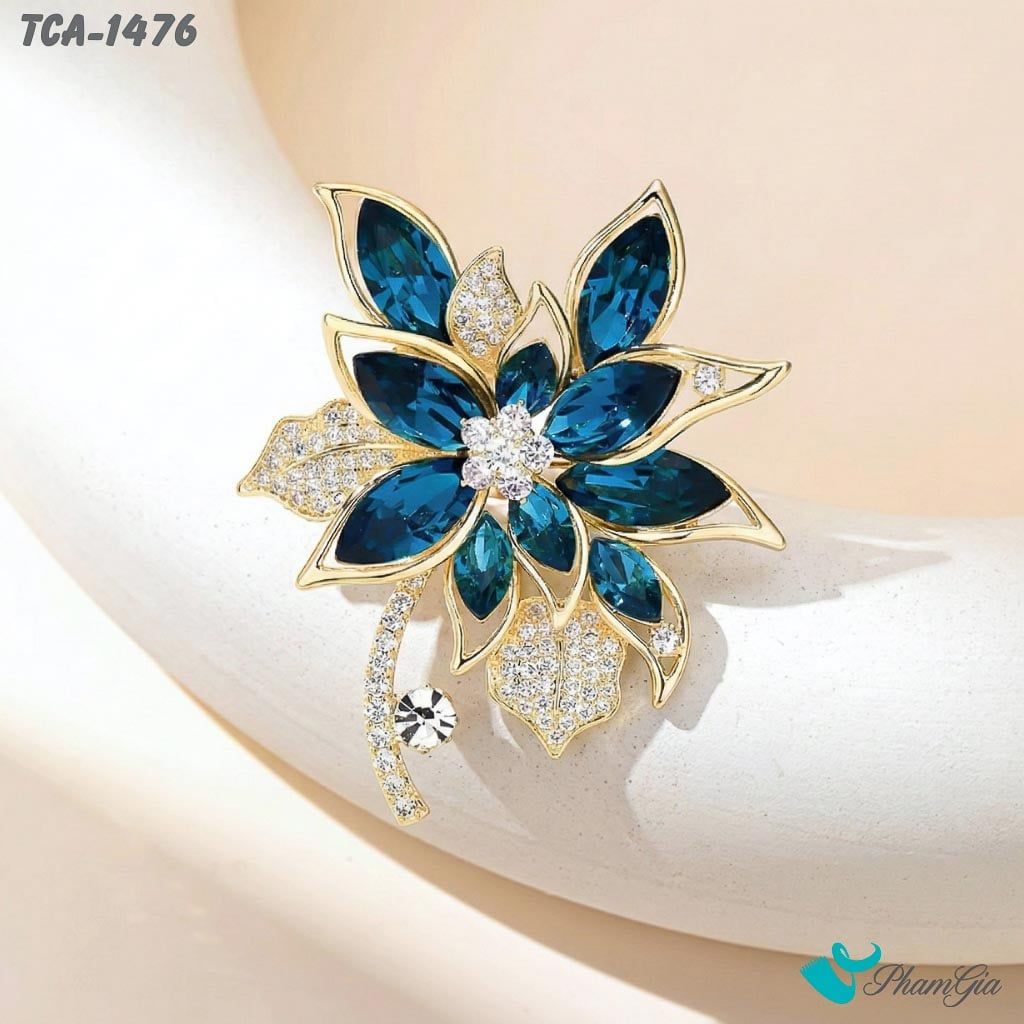 Ghim Cài Áo Lá Hồng Ngọc Đính Đá Pha Lê Xanh Lấp Lánh (TCA1476)