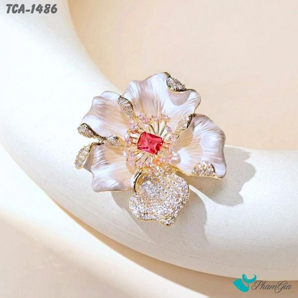 Ghim Cài Áo Hoa Đào Tráng Men Đính Đá Pha Lê Trang Nhã (TCA1486)