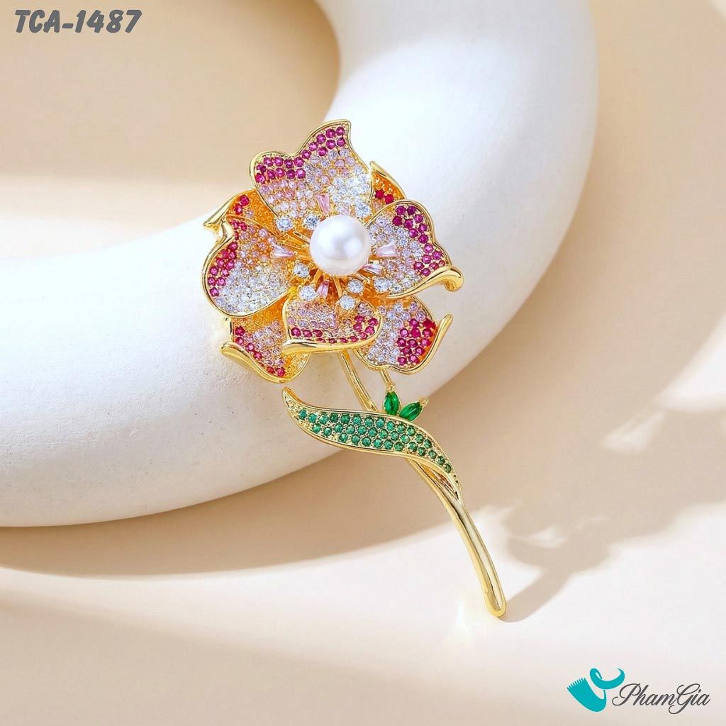 Ghim Cài Áo Hoa Hồng Cách Điệu Đính Đá Và Ngọc Trai Sang Trọng (TCA1487)