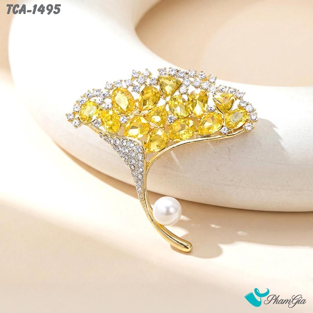 Ghim Cài Áo Lá Rẻ Quạt Đính Đá Pha Lê Vàng Trang Nhã (TCA1495)
