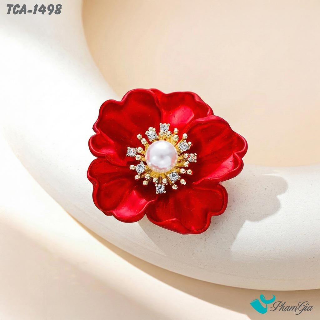 Ghim Cài Áo Hoa Mẫu Đơn Tráng Men Đính Đá Màu Đỏ Thanh Lịch (TCA1498)