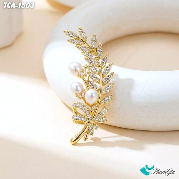 Ghim Cài Áo Bông Lúa Vàng Đính Đá Ngọc Trai Trang Nhã (TCA1503)