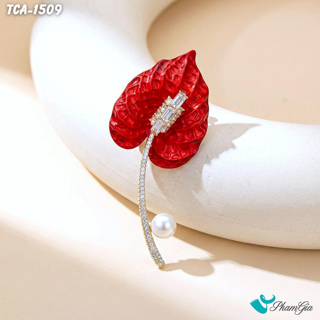 Ghim Cài Áo Hoa Hồng Môn Tráng Men Đính Đá Màu Đỏ Thanh Lịch (TCA1509)