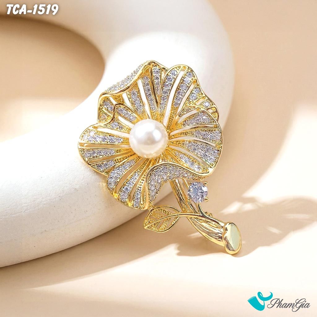 Ghim Cài Áo Hoa Đại Đóa Cách Điệu Đính Ngọc Trai Vàng Cao Cấp (TCA1519)