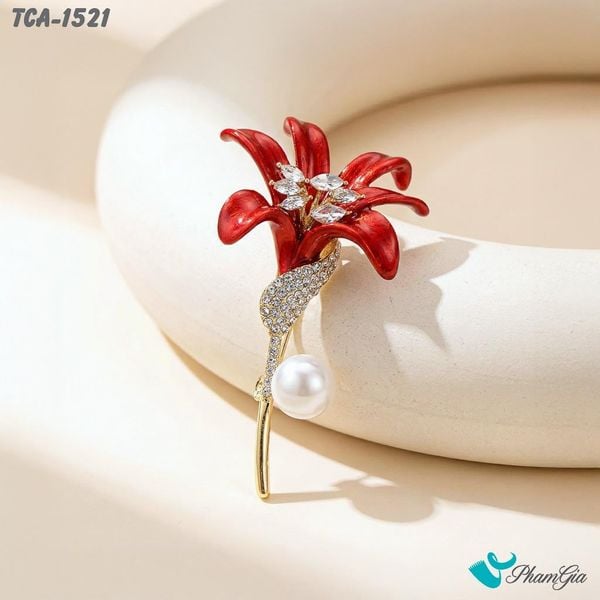 Ghim Cài Áo Hoa Lily Tráng Men Đính Đá Màu Đỏ Hiện Đại (TCA1521)