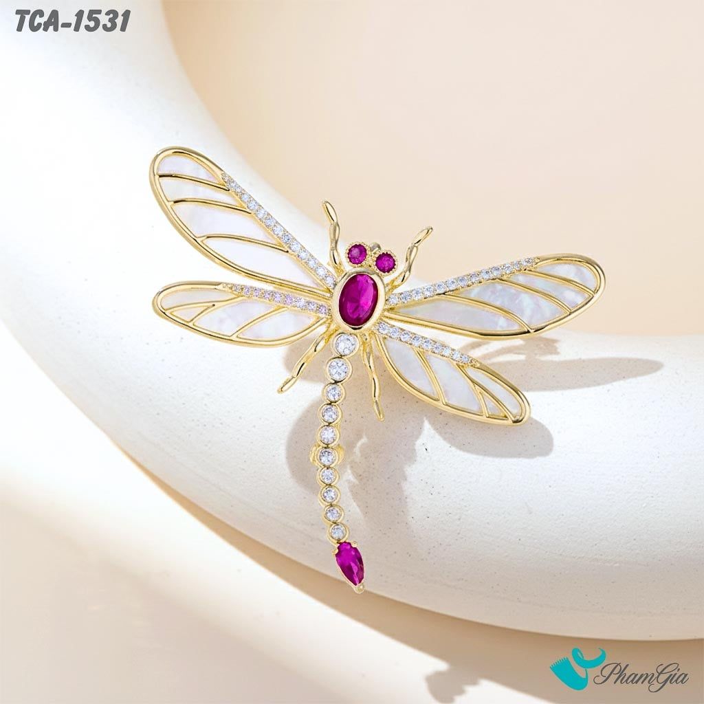 Ghim Cài Áo Chuồn Chuồn Đính Đá Tráng Men Màu Hồng Thanh Lịch (TCA1531)