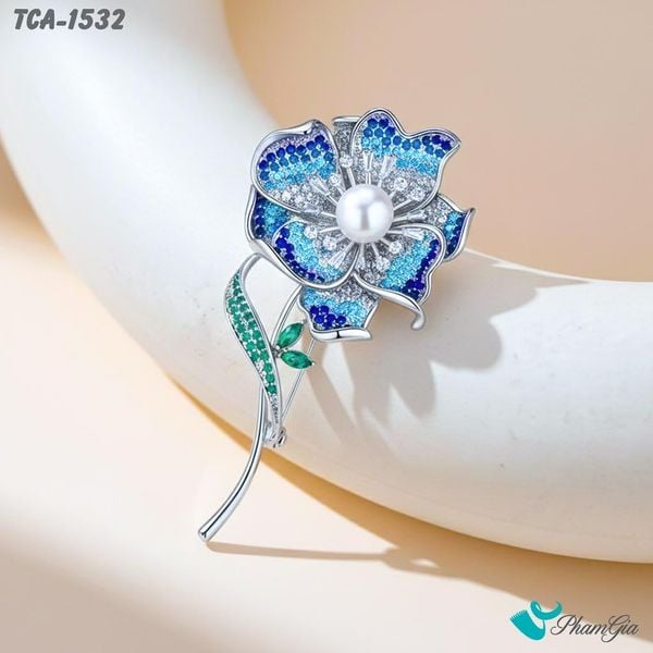Ghim Cài Áo Hoa Hồng Cách Điệu Đính Đá Xanh Và Ngọc Trai Sang Trọng (TCA1532)