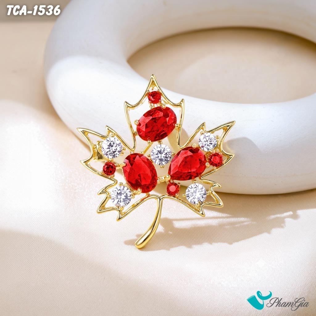 Ghim Cài Áo Lá Phong Đính Đá Màu Đỏ Sang Trọng (TCA1536)