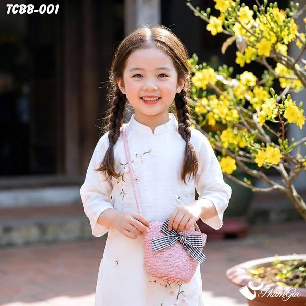 Túi Cói Baby Màu Hồng Đính Nơ Caro (TCBB001)