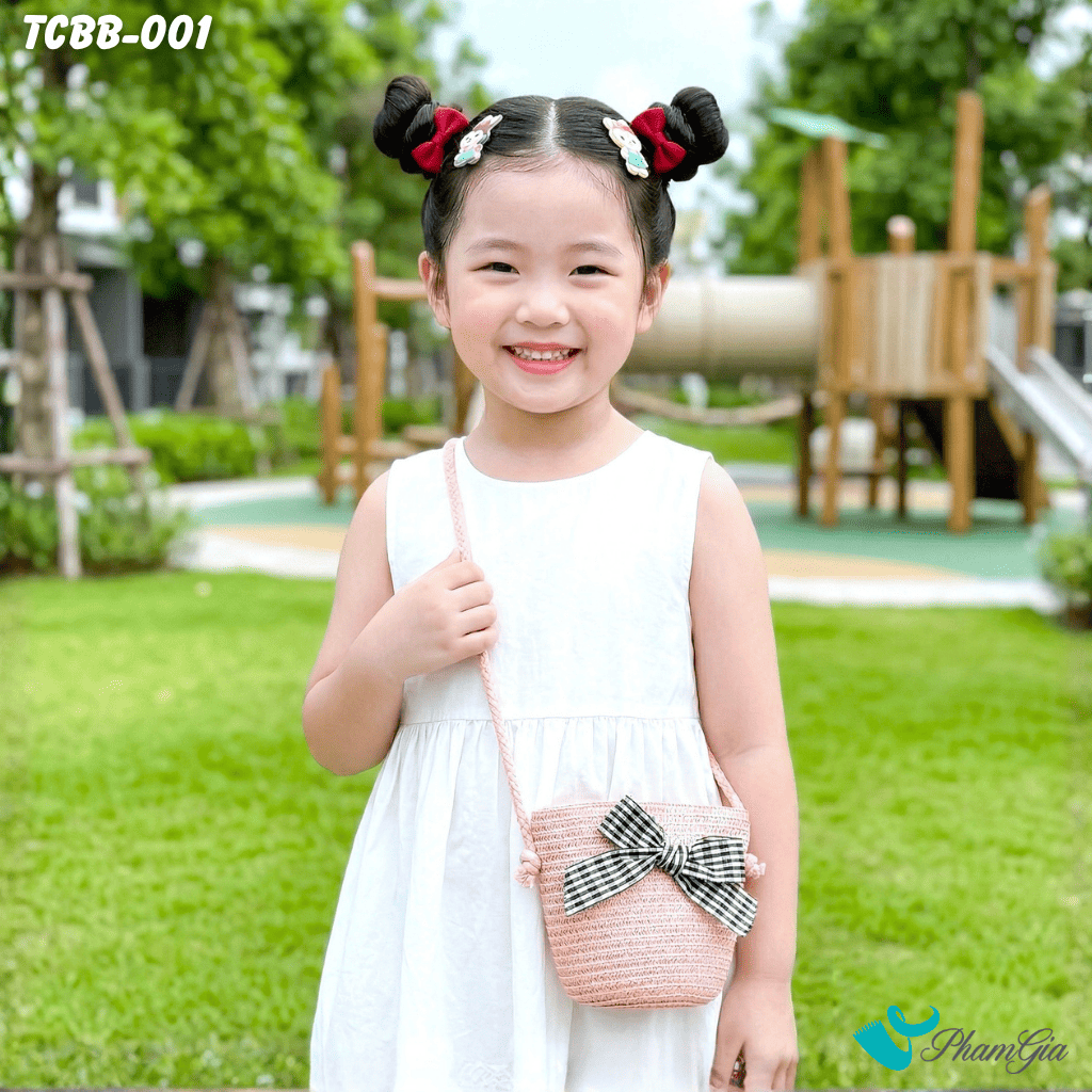 Túi Cói Baby Màu Hồng Đính Nơ Caro (TCBB001)