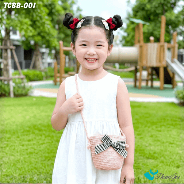 Túi Cói Baby Màu Hồng Đính Nơ Caro (TCBB001)
