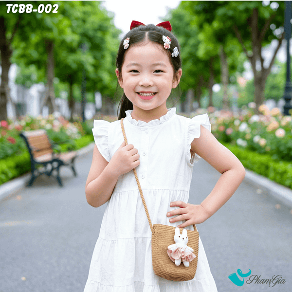 Túi Cói Baby Màu Beige Đính Thỏ Bông Dễ Thương (TCBB002)