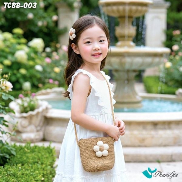 Túi Cói Baby Màu Beige Đính Hoa (TCBB003)